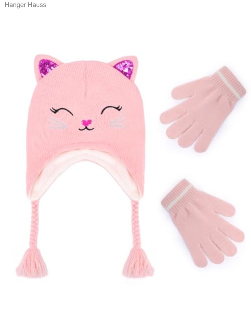 Girls Winter Cat Ear Beanie Hat Gloves Set Knit Earflap Cap Mittens